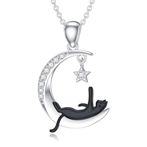 LABBAO Diamant Mond, Stern und Schwarze Katze Kette für Damen 925 Sterling Silber Schwarze Katze Anhänger Halskette mit Lab-Grown Diamant Schmuck Geschenke von LABBAO