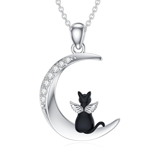 LABBAO Diamant Mond und Katze Engel Kette für Damen 925 Sterling Silber Schwarzer Katze Anhänger Halskette mit Lab-Grown Diamant Schmuck Geschenke von LABBAO