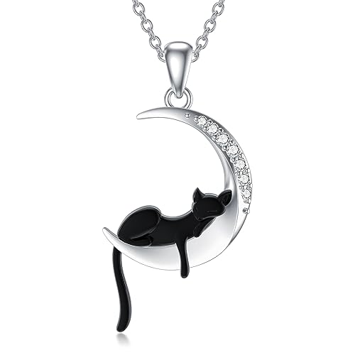 LABBAO Diamant Mond und Schwarze Katze Kette für Damen 925 Sterling Silber Schwarze Katzen Anhänger Halskette mit Lab-Grown Diamant Schmuck Geschenke 44162 von LABBAO