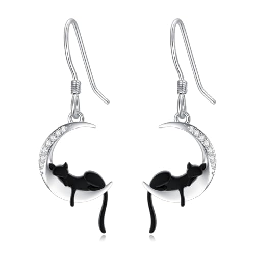 LABBAO Diamant-Ohrringe mit Mond und Schwarzer Katze für Damen 925 Sterling Silber Schwarzer Katze Hängend Ohrringe mit Lab-Grown Diamant Ohrhänger Schmuck Geschenke von LABBAO