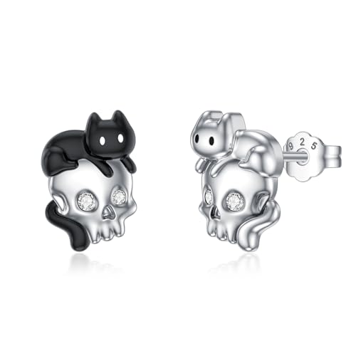 LABBAO Diamant Totenkopf und Katze Ohrstecker für Damen 925 Sterling Silber Punk Gotik Totenkopf Katze Ohrringe mit Lab-Grown Diamant Schmuck Geschenke von LABBAO