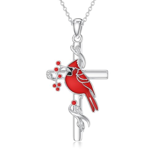 LABBAO Rote Kardinal Halskette für Frauen 925 Sterling Silber Kardinal Kreuz Anhänger Halskette mit Labor gezüchteten Diamant Gedenkschmuck Geschenke von LABBAO