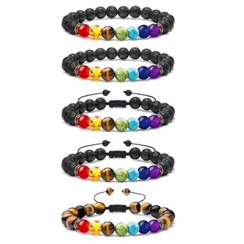 LABOTA 5 Stück Chakra Armband Echte Steine, Lava Stein Armbänder, 7 Farben Chakra Perlen Tigerauge Natürlich Heilstein Verstellbare Öl Diffusor Armbänder Unisex LABOTA 5 Stück Chakra Armband Echte Steine, Lava Stein Armbänder, 7 Farben Chakra Perlen Tigerauge Natürlich Heilstein Verstellbare Öl Diffusor Armbänder Unisex von LABOTA