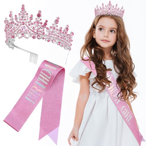 LABRIMP 1 Satz Geburtstags Schärpe und Krone Verstellbare Tiara mit Kristallen für Mädchen und Dekoration für Geburtstagsfeiern Fotomöglichkeiten und Besondere Anlässe von LABRIMP