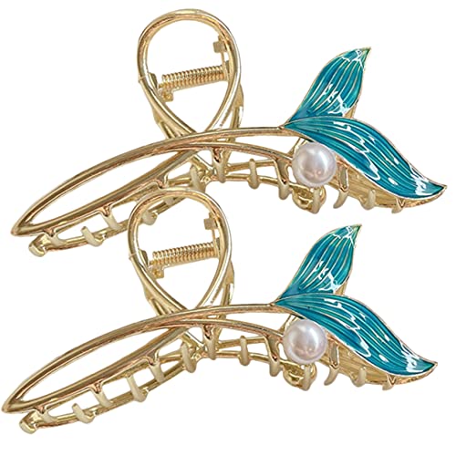 LABRIMP 2 Stück Große Fischschwanz Haarklammer Blaue Perlen Haarkralle Damen Haarspangen Styling Zubehör Leicht und Schonend für Dickes Haar von LABRIMP