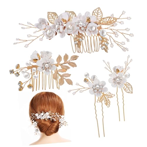 LABRIMP Blumen Haarkamm mit Perlen und Strass Handgefertigte Braut Haarspangen Stilvolle Seitenkämme für Hochzeit Party und Festliche Anlässe Weißes Haarschmuck Damen von LABRIMP