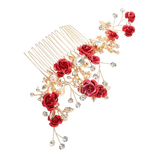 LABRIMP Roter Hochzeits Haarkamm mit Blumenperlen und Strass Brautschmuck für Damen Sicherer Komfortabel Haaraccessoire für Hochzeit und Party von LABRIMP