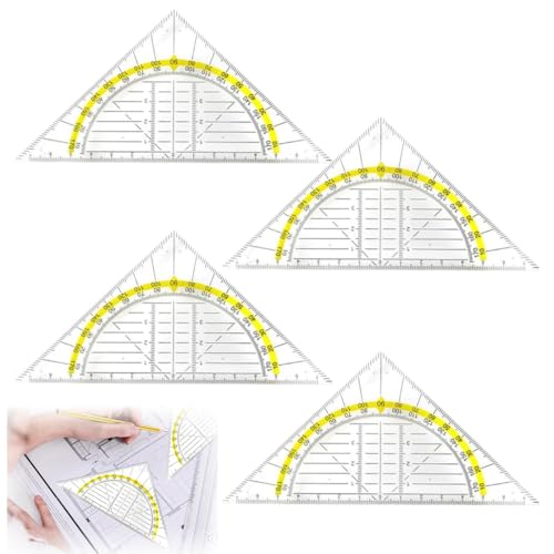 4 Stück Geodreieck aus Kunststoff, bruchsicher,Geometrie Dreieck, Geodreieck aus Kunststoff, Flexibel Geodreieck Zeichendreieck Winkelmesser Geodreieck zum Kreise Zeichnen Geometrie Set von LACHT