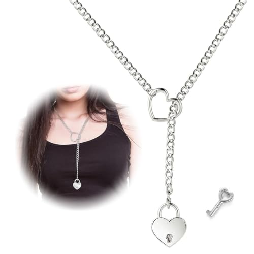 Gothic Halsband Kette mit Schloss Schiebekette O Ring Schwarze Halskette Herz für Damen Lasso Y Form Herz Slip Kette Handgefertigter Slip Chain Choker Damen Herz Slip Kette,kette damen von LACHT