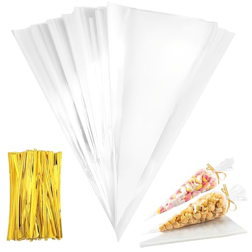 LACHT 100 Stück Süßigkeiten Tüten, 25x13cm Candy Bar Tüten Spitztüten Transparent Cellophantüten mit 100 Twist Ties Geschenktüten für Schokolade Bonbons Kekse Hochzeit von LACHT
