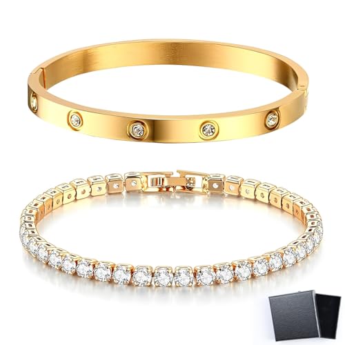 LACHT 2 Stück Armband Damen Gold-17 cm Kristallen Tennis Armband 6mm Breit Cubic Zirkonia Armreif für Frauen, Wasserfester Tennisarmband mit Edelstahl Armbänder Set Geschenke für Damen von LACHT