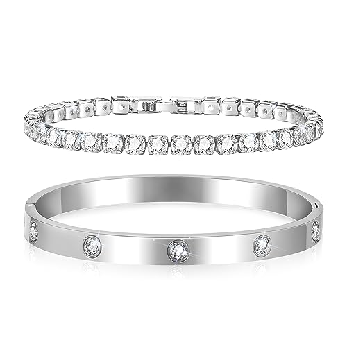 LACHT 2 Stück Armband Damen Silber - 17 cm Kristallen Tennis Armband 6mm Breit Cubic Zirkonia Armreif für Frauen, Wasserfester Tennisarmband mit Edelstahl Armbänder Set Geschenke für Damen von LACHT