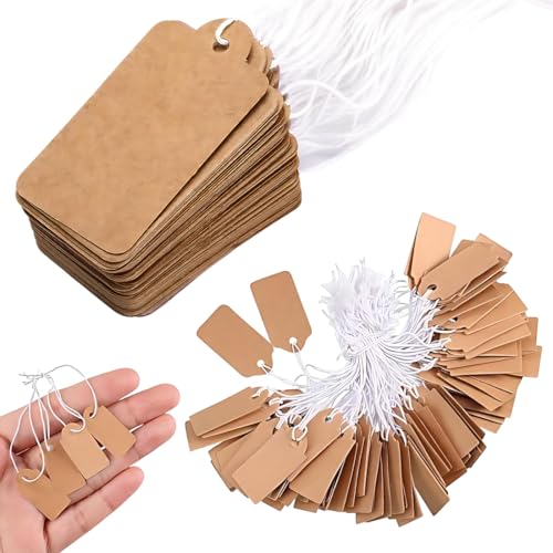 LACHT 200 Stück Anhänger Etiketten, 26 x 13mm Kraftpapier Preis Anhänger Braun Preisschilder Handmade Hängeetiketten mit Elastischer Schnur Anhänger für Schmuck Kleidung Geschenke Hochzeit (Braun) von LACHT