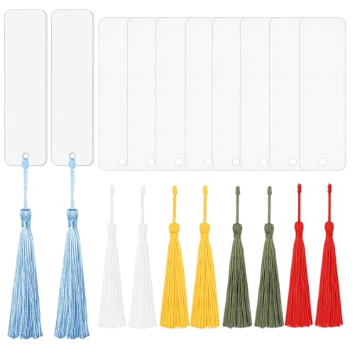 LACHT Acryl Lesezeichen Rohlinge, 10 Set Blanko Bookmark, Lesezeichen Personalisiert, 10 Transparent Rechteckig Lesezeichen 10 Bunten Quaste (Zufällige Farbe) für DIY Geschenkanhänger von LACHT