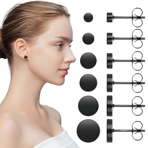LACHT Ohrringe schwarz,6 Paar Ohrstecker Set Dot Ohrstecker 3/4/5/6/7/8mm Edelstahl Unisex Ohrstecker Runde Flat Top Ohrstecker Herren Damen Ohrringe Schwarz Silber von LACHT