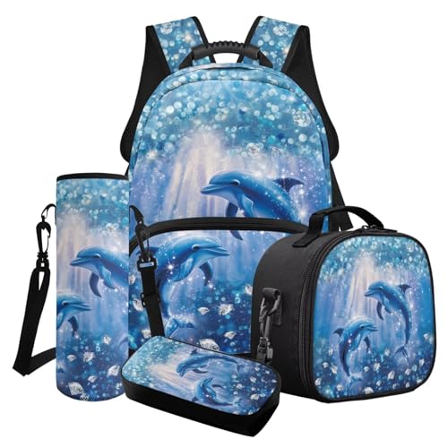 LACIYISON 4-in-1-Rucksack mit Seitentasche für Mädchen, mit Lunchtasche, Federmäppchen, Wasserflasche, Tasche, Rucksack, Delfin-Diamanten-Glitzer, Einheitsgröße, Schulranzen-Set von LACIYISON