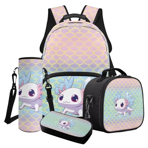 LACIYISON 4-in-1-Rucksack mit Seitentasche für Mädchen, mit Lunchtasche, Federmäppchen, Wasserflasche, Tasche, Rucksack, Farbverlauf Meerjungfrau Schuppen Axolotl, Einheitsgröße, Schulranzen-Set von LACIYISON
