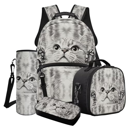 LACIYISON 4-in-1-Rucksack mit Seitentasche für Mädchen, mit Lunchtasche, Federmäppchen, Wasserflasche, Tasche, Rucksack, Graue Katzenpfote, Einheitsgröße, Schulranzen-Set von LACIYISON