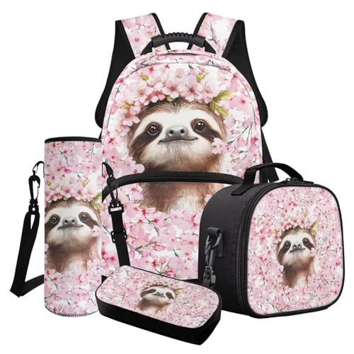 LACIYISON 4-in-1-Rucksack mit Seitentasche für Mädchen, mit Lunchtasche, Federmäppchen, Wasserflasche, Tasche, Rucksack, Kirschblüten-Faultier, Einheitsgröße, Schulranzen-Set von LACIYISON
