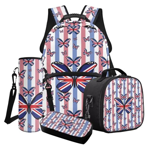 LACIYISON 4-in-1-Rucksack mit Seitentasche für Mädchen, mit Lunchtasche, Federmäppchen, Wasserflasche, Tasche, Rucksack, Union Jack Butterfly, Einheitsgröße, Schulranzen-Set von LACIYISON