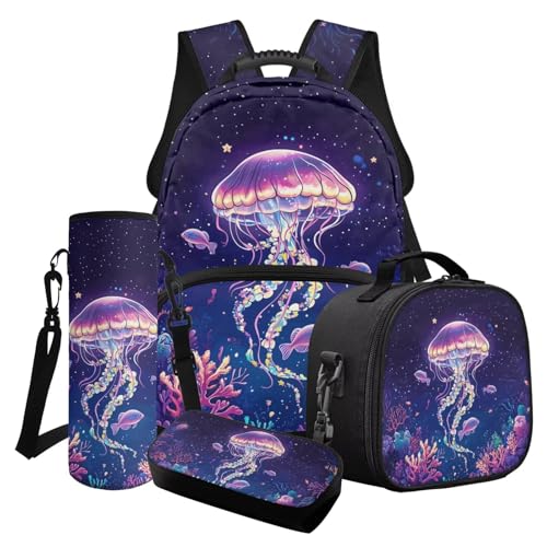 LACIYISON 4-teiliges Rucksack-Set mit Lunchtasche, Federmäppchen und Wasserflaschenhülle, Reiserucksack für Jungen und Mädchen, Büchertasche, Korallenquallen, Stern, Glitzer, Einheitsgröße von LACIYISON