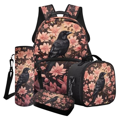 LACIYISON Cherry Blossom Crow Print 4-in-1 Schulranzen-Set Junior High School Rucksack Sets Mädchen Rucksack für Teenager Sekundarstufe Grundschule Wasserdicht Rucksack, Kirschblütenkrähe von LACIYISON