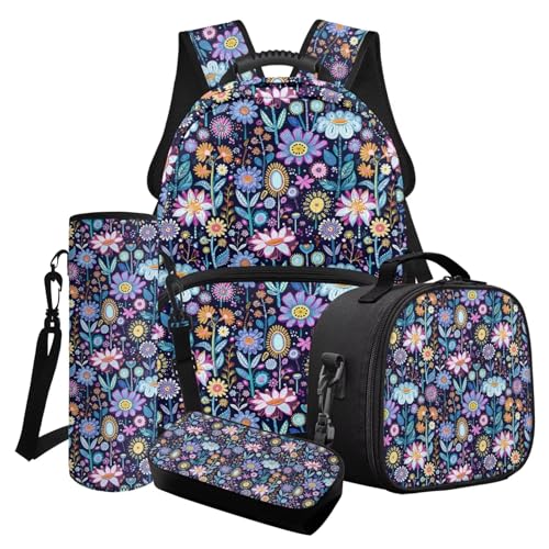 LACIYISON Farbenfrohes Rucksack-Set mit Gänseblümchen-Motiv, für Kinder, Reiserucksack mit Federmäppchen, Lunchtasche und Wasserflaschentasche, Geschenk für Mädchen, Buntes Gänseblümchen-Schmetterling von LACIYISON