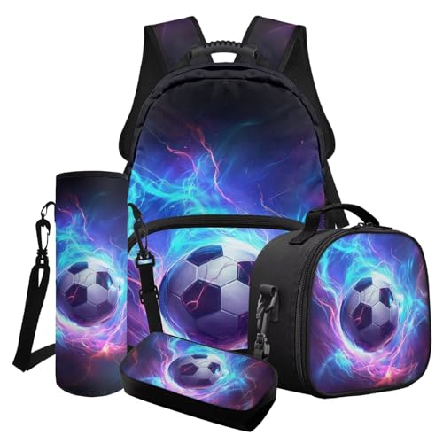 LACIYISON Lightning Fußball Print 4-in-1 Rucksack Set mit Lunchtasche Wasserflasche Tasche Bleistifttasche Schule Büchertaschen Set für Jungen Sekundarstufe Grundschule, Lightning Football von LACIYISON