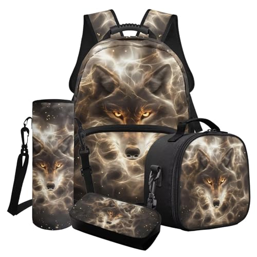 LACIYISON Lightning Wolf Print Rucksack Combo Set 4-in-1 Kinder Schul-Büchertasche Große Tasche mit Lunchtasche, Federmäppchen und Wasserflaschenhülle Leichte Büchertasche Sportrucksack, Lightning von LACIYISON