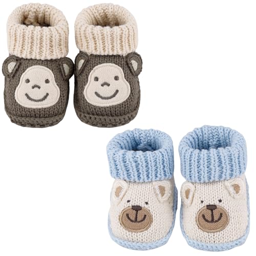 LACOFIA 2 Paare Neugeborene Gestrickt Babyschuhe Weiche Baby Jungen Mädchen Stiefeletten 0-3 Monate Brauner AFFE+Blauer Bär von LACOFIA