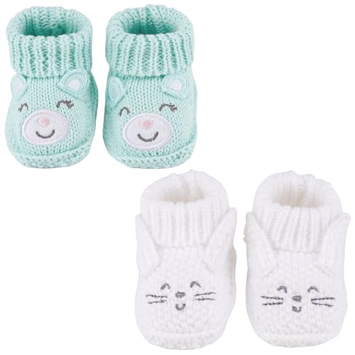 LACOFIA 2 Paare Neugeborene Gestrickt Babyschuhe Weiche Baby Jungen Mädchen Stiefeletten 0-3 Monate Grüner Fuchs+Weiße Katze von LACOFIA