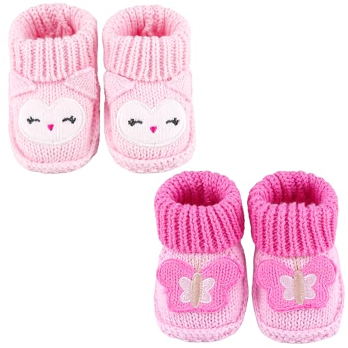 LACOFIA 2 Paare Neugeborene Gestrickt Babyschuhe Weiche Baby Jungen Mädchen Stiefeletten 0-3 Monate Rosa Schmetterling+Rosa Eule von LACOFIA