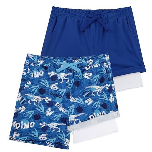 LACOFIA 2 Stück Jungen Badeshorts 2 in 1 Kinder Badehose mit Kompression Liner Schwimmhose mit Elastischer Taille Kinder Sommer Strand Shorts Schnelltrocknend Blau+Blau 2 Jahre 92 von LACOFIA