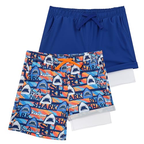 LACOFIA 2 Stück Jungen Badeshorts 2 in 1 Kinder Badehose mit Kompression Liner Schwimmhose mit Elastischer Taille Kinder Sommer Strand Shorts Schnelltrocknend Blau+Orange 3 Jahre 98 von LACOFIA