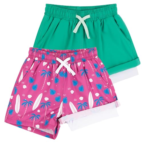 LACOFIA 2 Stück Jungen Badeshorts 2 in 1 Kinder Badehose mit Kompression Liner Schwimmhose mit Elastischer Taille Kinder Sommer Strand Shorts Schnelltrocknend Grün+Rosa Druck 7/8 Jahre 122/128 von LACOFIA