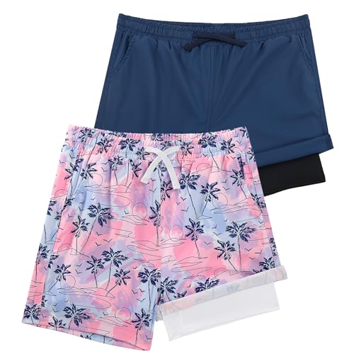 LACOFIA 2 Stück Jungen Badeshorts 2 in 1 Kinder Badehose mit Kompression Liner Schwimmhose mit Elastischer Taille Kinder Sommer Strand Shorts Schnelltrocknend Marineblau+Rosa 3 Jahre 98 von LACOFIA