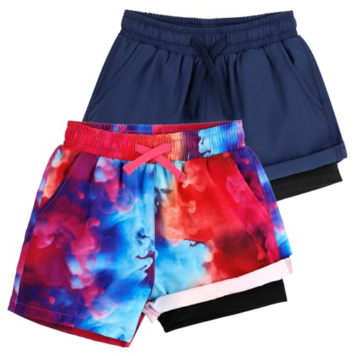 LACOFIA 2 Stück Jungen Badeshorts 2 in 1 Kinder Badehose mit Kompression Liner Schwimmhose mit Elastischer Taille Kinder Sommer Strand Shorts Schnelltrocknend Marineblau+Rot Druck 5/6 Jahre 110/116 von LACOFIA