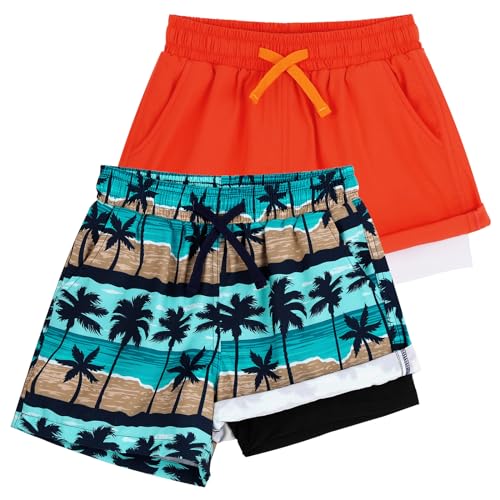 LACOFIA 2 Stück Jungen Badeshorts 2 in 1 Kinder Badehose mit Kompression Liner Schwimmhose mit Elastischer Taille Kinder Sommer Strand Shorts Schnelltrocknend Orange+Hellblau Druck 4 Jahre 104 von LACOFIA