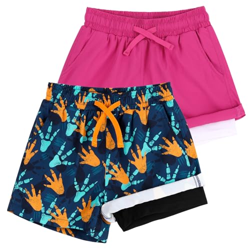 LACOFIA 2 Stück Jungen Badeshorts 2 in 1 Kinder Badehose mit Kompression Liner Schwimmhose mit Elastischer Taille Kinder Sommer Strand Shorts Schnelltrocknend Rose+Blau Druck 7/8 Jahre 122/128 von LACOFIA