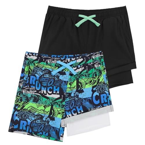 LACOFIA 2 Stück Jungen Badeshorts 2 in 1 Kinder Badehose mit Kompression Liner Schwimmhose mit Elastischer Taille Kinder Sommer Strand Shorts Schnelltrocknend Schwarz+Grün 5/6 Jahre 110/116 von LACOFIA