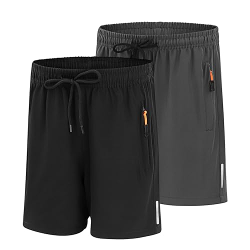 LACOFIA 2er Pack Jungen Schnelltrocknende Sport Shorts Sommer Atmungsaktive & Leichte Outdoor Freizeitshorts Kinder Kurze Hosen mit Reißverschlusstaschen Elastische Taille Schwarz+Grau 140/146 von LACOFIA