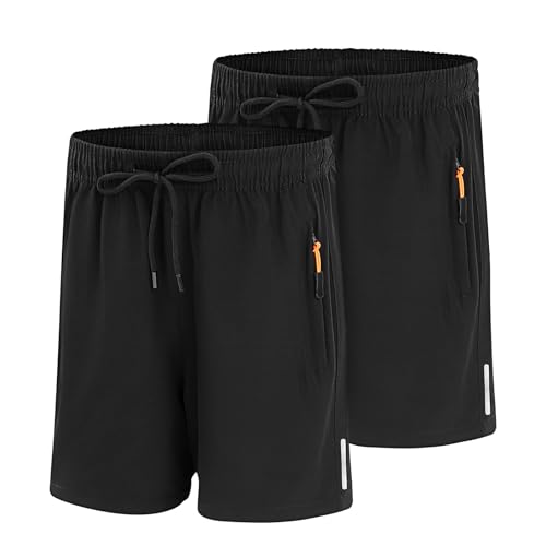 LACOFIA 2er Pack Jungen Schnelltrocknende Sport Shorts Sommer Atmungsaktive & Leichte Outdoor Freizeitshorts Kinder Kurze Hosen mit Reißverschlusstaschen Elastische Taille Schwarz+Schwarz 140/146 von LACOFIA
