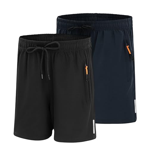 LACOFIA 2er Pack Jungen Schnelltrocknende Sport Shorts Sommer Leichte Outdoor Freizeitshorts Kinder Kurze Hosen mit Reißverschlusstaschen Elastische Taille Schwarz+Marineblau 158/164 von LACOFIA