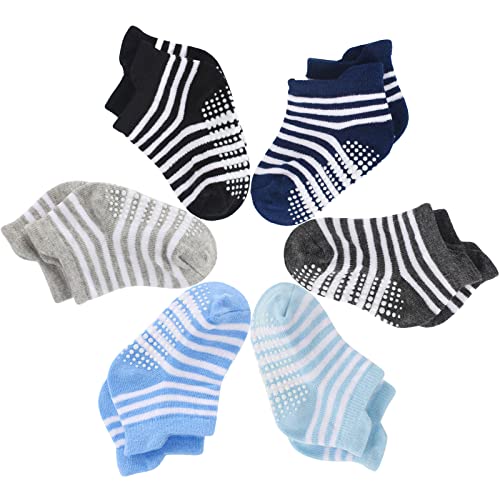 LACOFIA 6 Paare Baby Jungen Rutschfeste Streifen Söckchen Set Kleinkind Atmungsaktiv Baumwolle Boden Socken mit Griffen 1-3 Jahre von LACOFIA