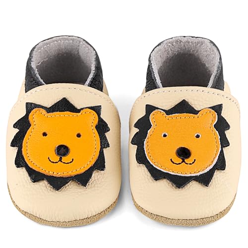 LACOFIA Baby Hausschuhe Leder für Jungen Mädchen Krabbelschuhe rutschfeste Weiche Sohle Baby Lederschuhe Lauflernschuhe Beige Löwe 18-24 Monate von LACOFIA