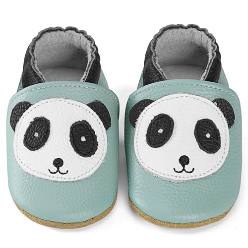 LACOFIA Baby Hausschuhe Leder für Jungen Mädchen Krabbelschuhe rutschfeste Weiche Sohle Baby Lederschuhe Lauflernschuhe Blau Panda 6-12 Monate von LACOFIA