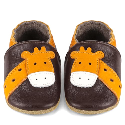 LACOFIA Baby Hausschuhe Leder für Jungen Mädchen Krabbelschuhe rutschfeste Weiche Sohle Baby Lederschuhe Lauflernschuhe Braun Hirsch 18-24 Monate von LACOFIA