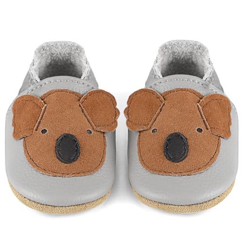 LACOFIA Baby Hausschuhe Leder für Jungen Mädchen Krabbelschuhe rutschfeste Weiche Sohle Baby Lederschuhe Lauflernschuhe Braun Koala 18-24 Monate von LACOFIA