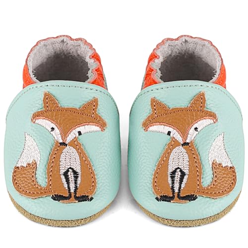 LACOFIA Baby Hausschuhe Leder für Jungen Mädchen Krabbelschuhe rutschfeste Weiche Sohle Baby Lederschuhe Lauflernschuhe Hellblau Fuchs 12-18 Monate von LACOFIA