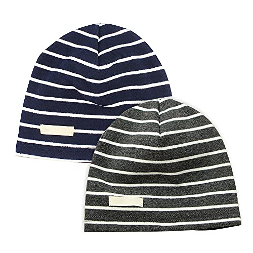 LACOFIA Baby Jungen Beanie Mütze Kinder Weiche Baumwolle Strickmützen Kleinkind Gestreift Hut 2 Stücke Dunkelgraue und Marine Streifen L/3-7 Jahre von LACOFIA